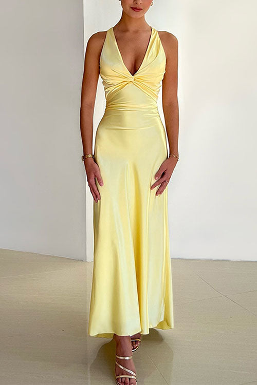 Camilladress V Neck Back Tie Bow Cut Out Satin Maxi Dress