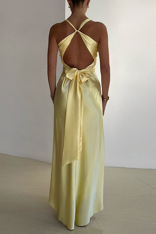 Camilladress V Neck Back Tie Bow Cut Out Satin Maxi Dress