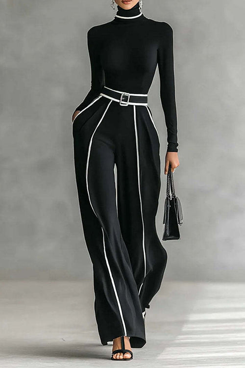 Camilladress Color Block High Neck Long Sleeves Top High Rise Wide Leg Pants Set