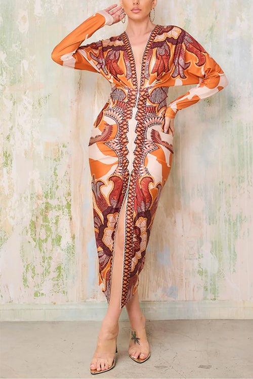 Camilladress V Neck Long Sleeves Ruched Slit Printed Midi Dress