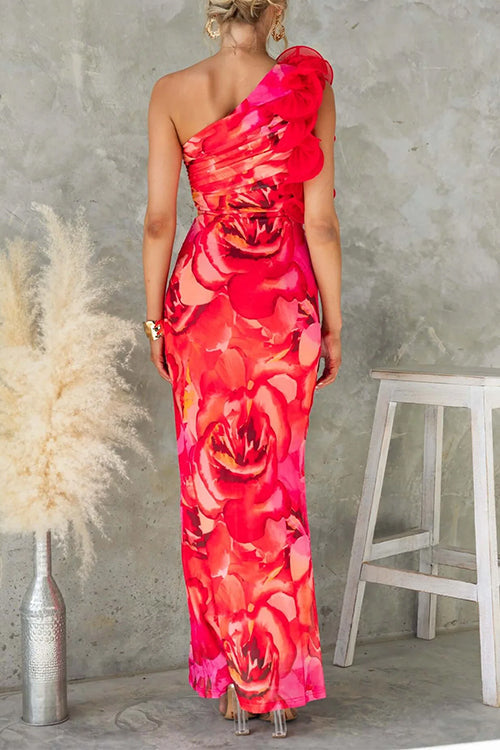 Camilladress Ruffle One Shoulder Floral Print Bodycon Maxi Dress