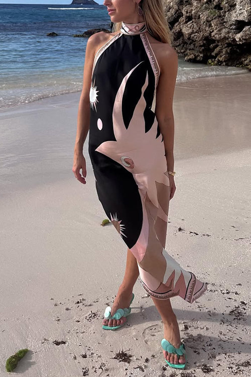 Camilladress Halter Neck Open Back Asymmetric Hem Printed Satin Midi Dress