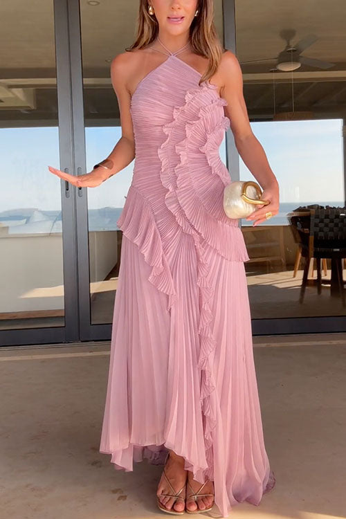Camilladress Strappy Halter Neck Ruffle Trim Asymmetric Hem Pleated Maxi Dress