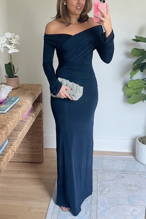Off Shoulder Long Sleeves Ruched Solid Maxi Dress