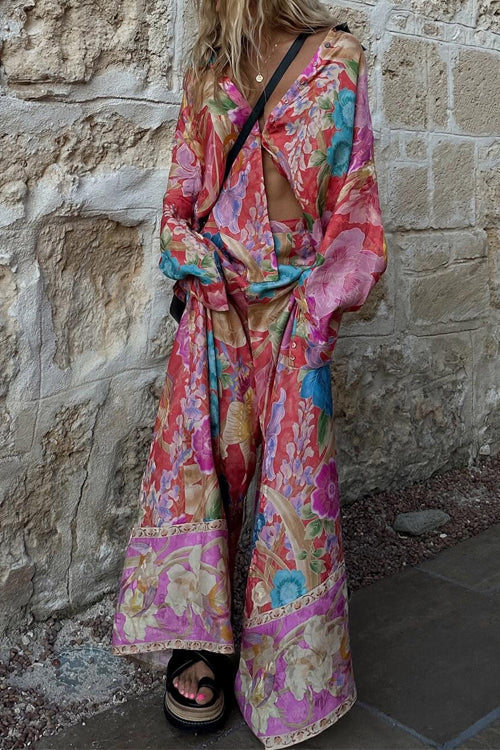 Camilladress Long Sleeves Button Up Shirt and Wide Leg Pants Floral Print Set