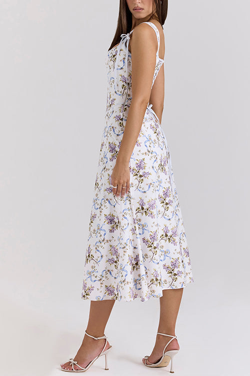 Camilladress Bow Shoulder Back Lace-up Floral Print Midi Cami Dress