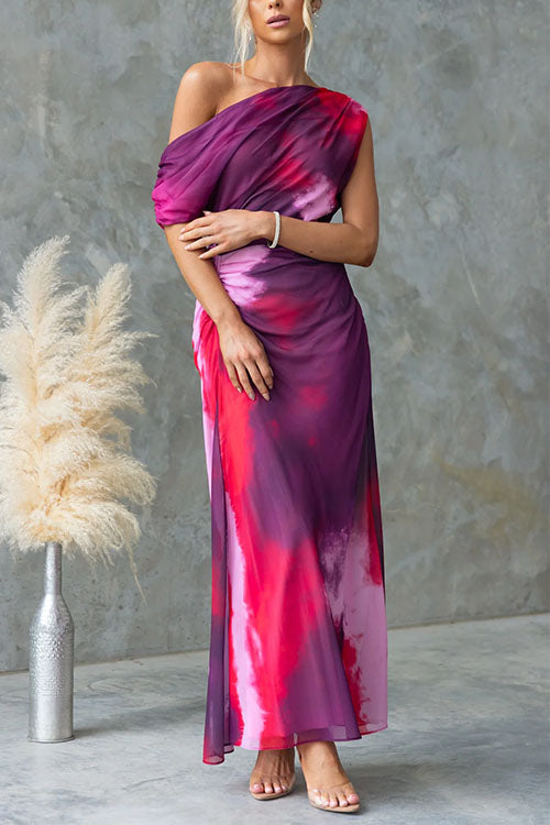 One Shoulder Ruched Waist Tie Dye Maxi Dress