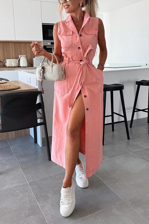 camilladress Sleeveless Button Down Tie Waist Pocketed Denim Midi Dress