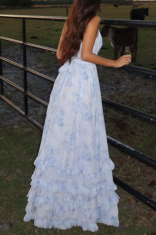 Camilladress Back Lace-up Ruffle Hem Slit Floral Print Maxi Cami Dress