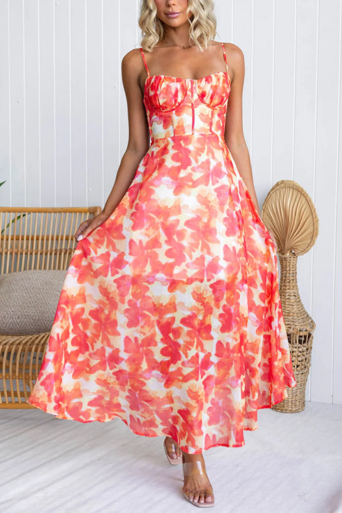 Sunset Watercolor Tie Back Slit Maxi Cami Dress