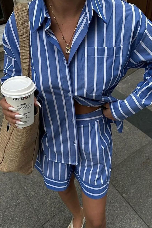 Camilladress Striped Long Sleeves Curve Hem Shirt and High Rise Shorts Set