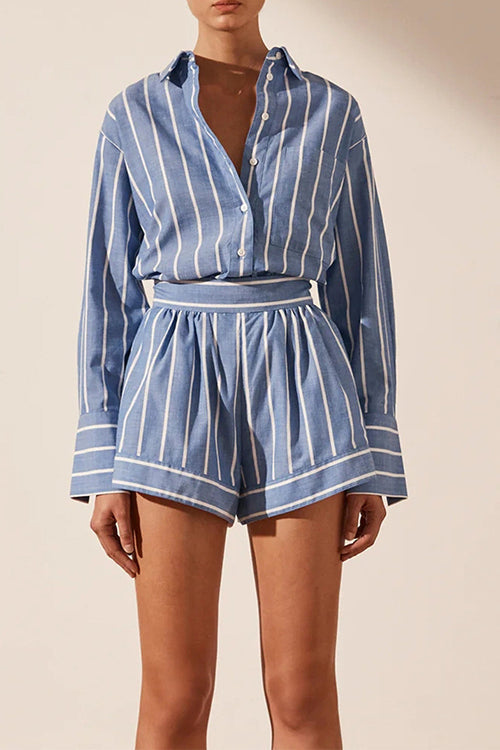 Camilladress Striped Long Sleeves Curve Hem Shirt and High Rise Shorts Set