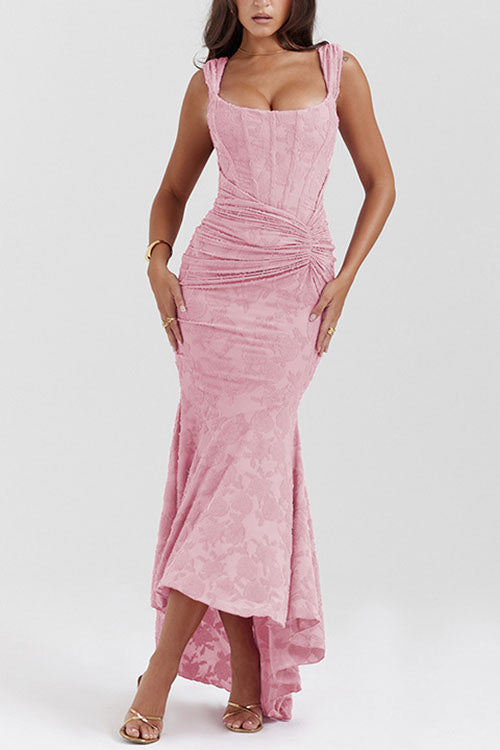 Camilladress Sleeveless Ruched Waist Ruffle Hem Jacquard Maxi Dress