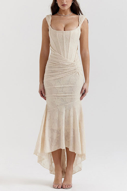 Camilladress Sleeveless Ruched Waist Ruffle Hem Jacquard Maxi Dress