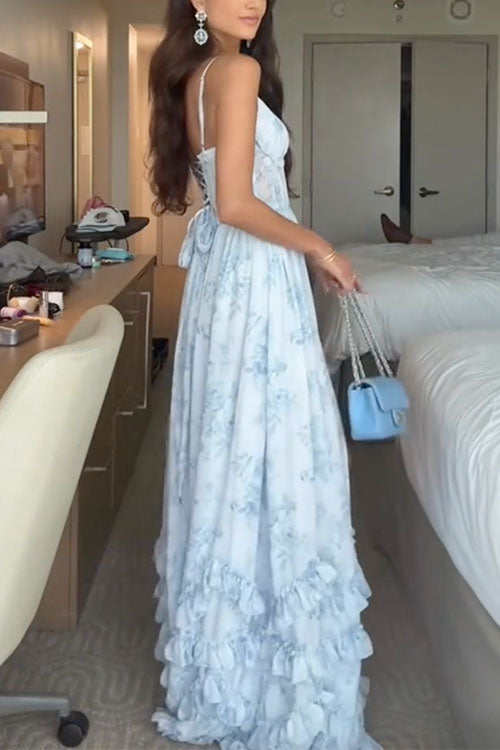 Camilladress Back Lace-up Ruffle Hem Slit Floral Print Maxi Cami Dress