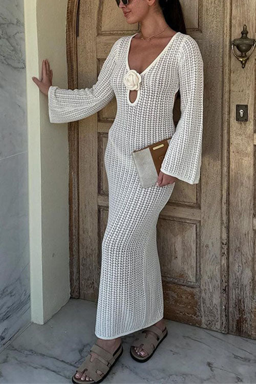 Camilladress V Neck Long Sleeves Backless Crochet Hollow Out Knit Maxi Dress
