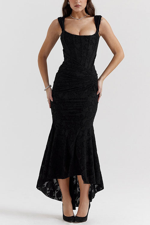 Camilladress Sleeveless Ruched Waist Ruffle Hem Jacquard Maxi Dress