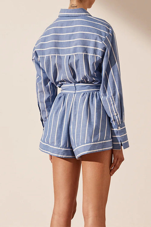 Camilladress Striped Long Sleeves Curve Hem Shirt and High Rise Shorts Set