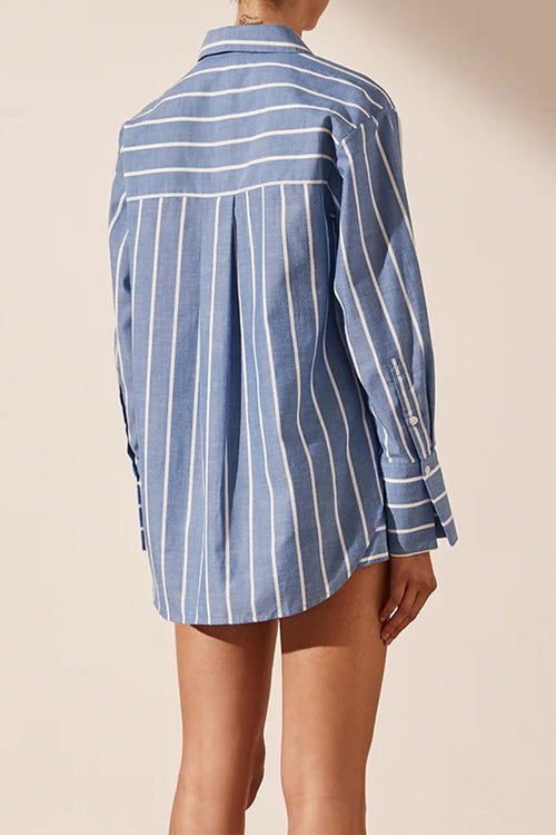 Camilladress Striped Long Sleeves Curve Hem Shirt and High Rise Shorts Set