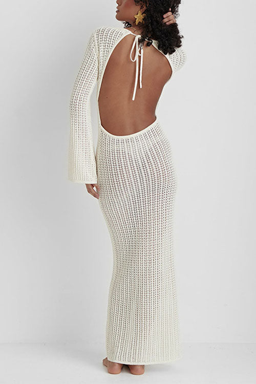 Camilladress V Neck Long Sleeves Backless Crochet Hollow Out Knit Maxi Dress