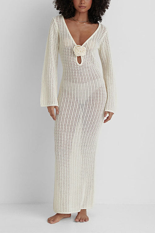 Camilladress V Neck Long Sleeves Backless Crochet Hollow Out Knit Maxi Dress
