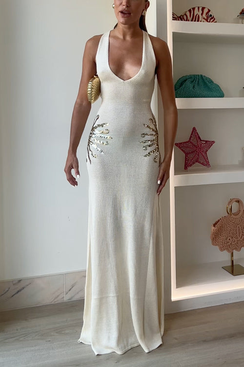V Neck Sleeveless Open Back Knit Maxi Dress with Sequin