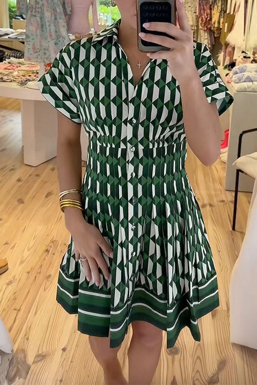 Short Sleeves Button Up Geometric Print Mini Dress