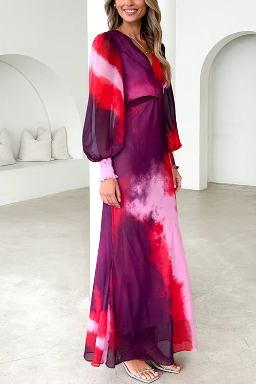 V Neck Puff Long Sleeves Tie Dye Maxi Dress