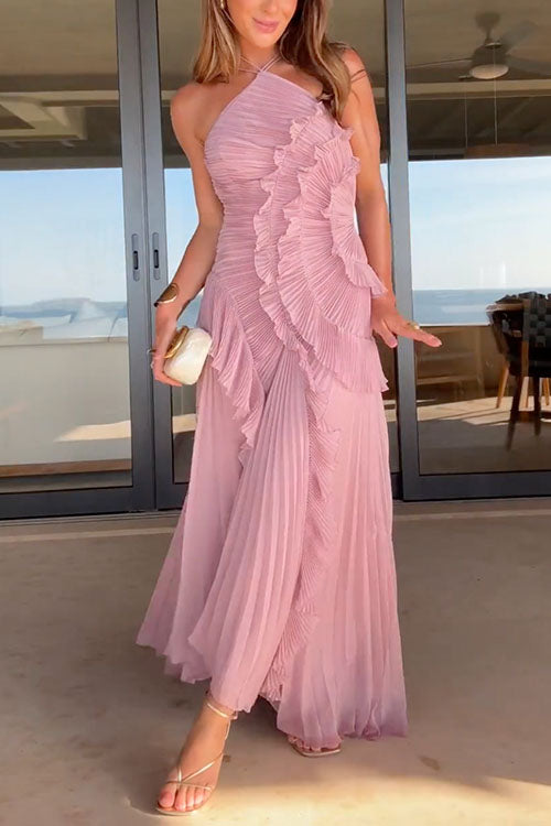 Camilladress Strappy Halter Neck Ruffle Trim Asymmetric Hem Pleated Maxi Dress