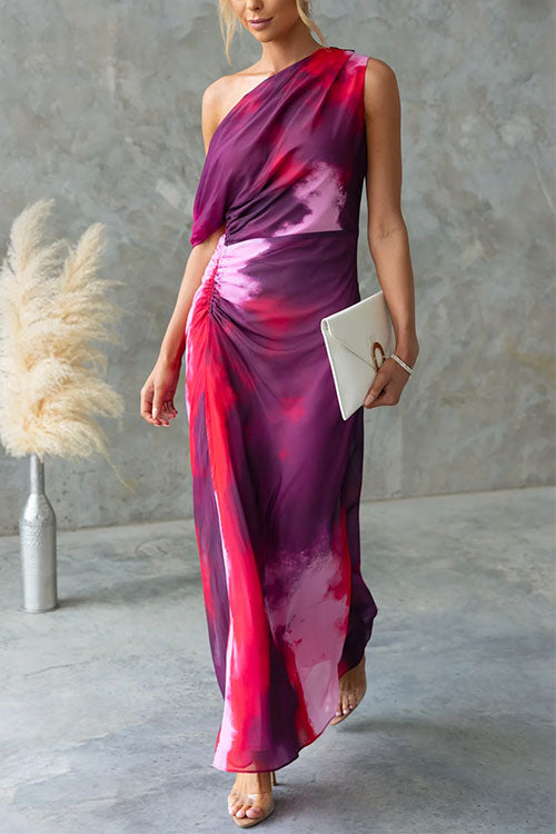 One Shoulder Ruched Waist Tie Dye Maxi Dress