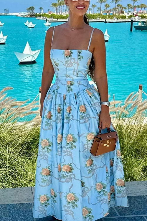 Camilladress Spaghetti Strap Waisted Floral Print A-line Maxi Dress