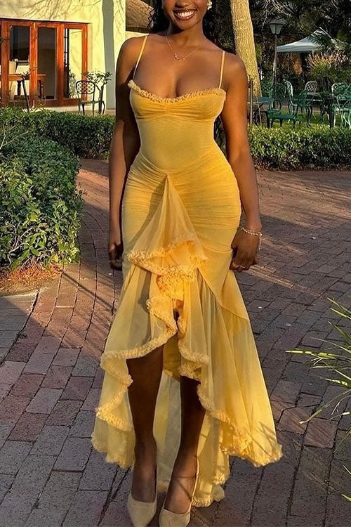 Camilladress Spaghetti Strap Frill Trim Draped Slit Maxi Dress