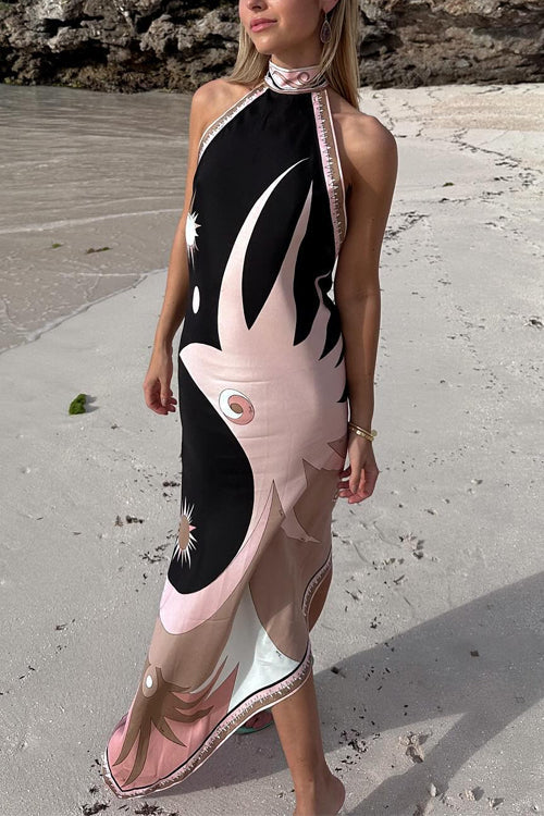 Camilladress Halter Neck Open Back Asymmetric Hem Printed Satin Midi Dress