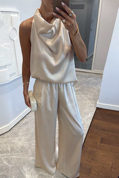 Cowl Neck Sleeveless Top and Wide Leg Pocketed Pants Satin Set