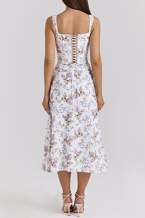 Camilladress Bow Shoulder Back Lace-up Floral Print Midi Cami Dress