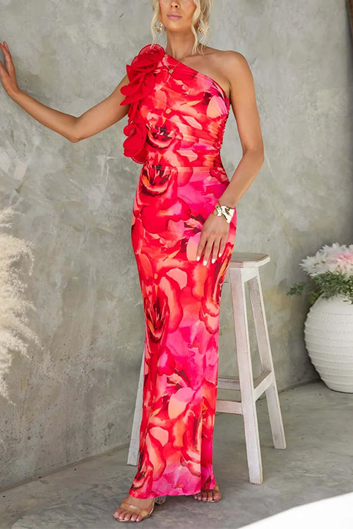 Camilladress Ruffle One Shoulder Floral Print Bodycon Maxi Dress