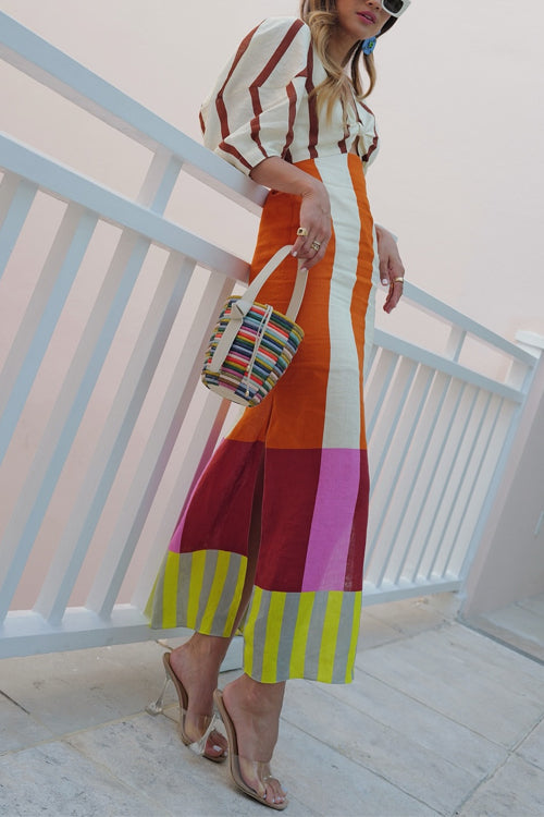 Camilladress Knot Front Cut Out Puff Sleeves Side Slit Printed Midi Dress