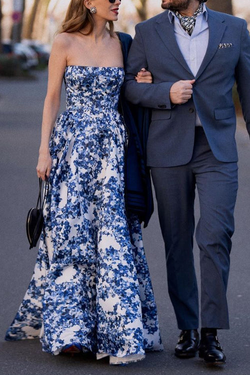 Camilladress Strapless Back Lace-up Print Maxi Party Dress