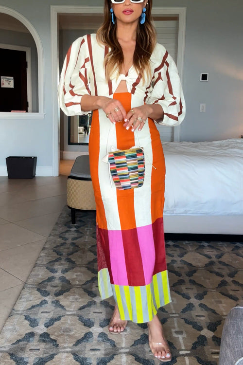 Camilladress Knot Front Cut Out Puff Sleeves Side Slit Printed Midi Dress