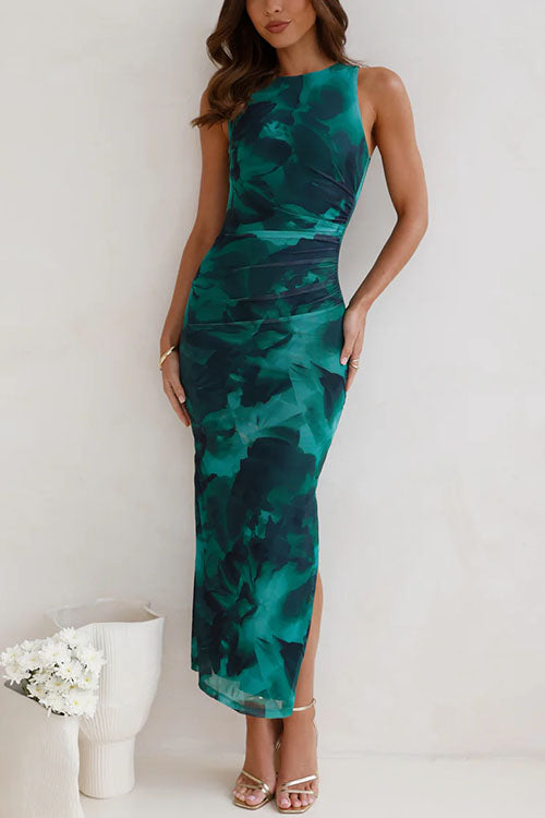 Camilladress Sleeveless Side Slit Printed Bodycon Midi Dress