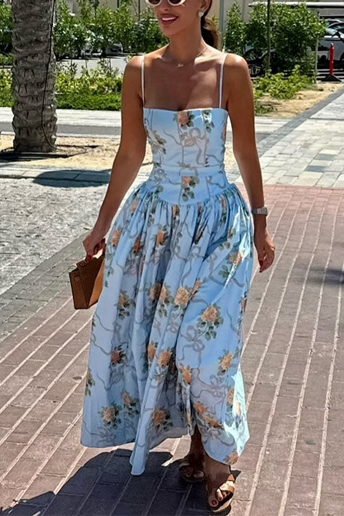 Camilladress Spaghetti Strap Waisted Floral Print A-line Maxi Dress