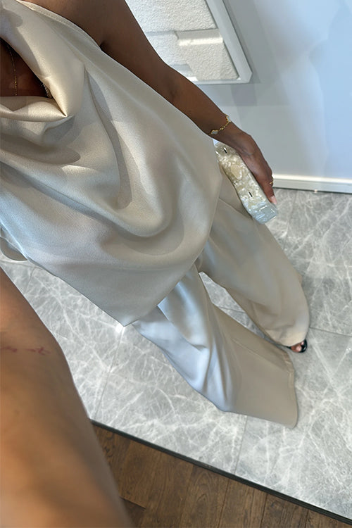 Cowl Neck Sleeveless Top and Wide Leg Pocketed Pants Satin Set