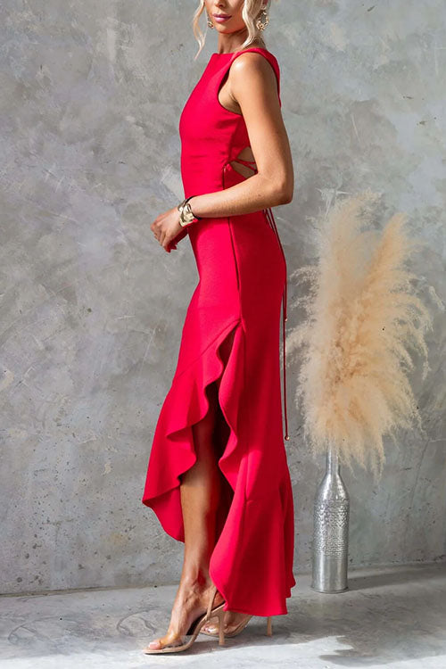 Back Lace-up Sleeveless Ruffle Slit Maxi Dress