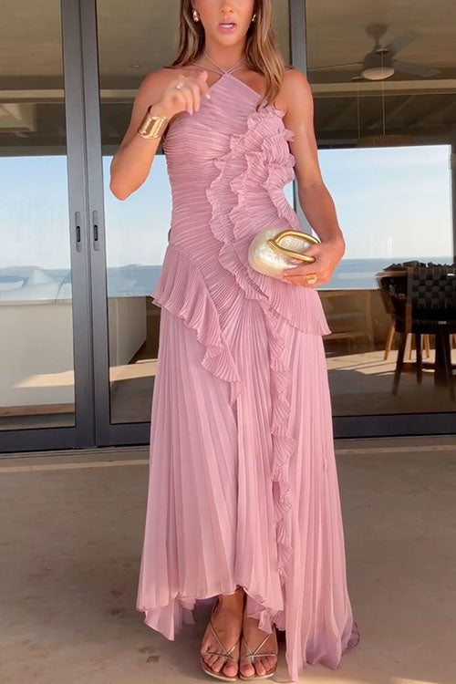Camilladress Strappy Halter Neck Ruffle Trim Asymmetric Hem Pleated Maxi Dress