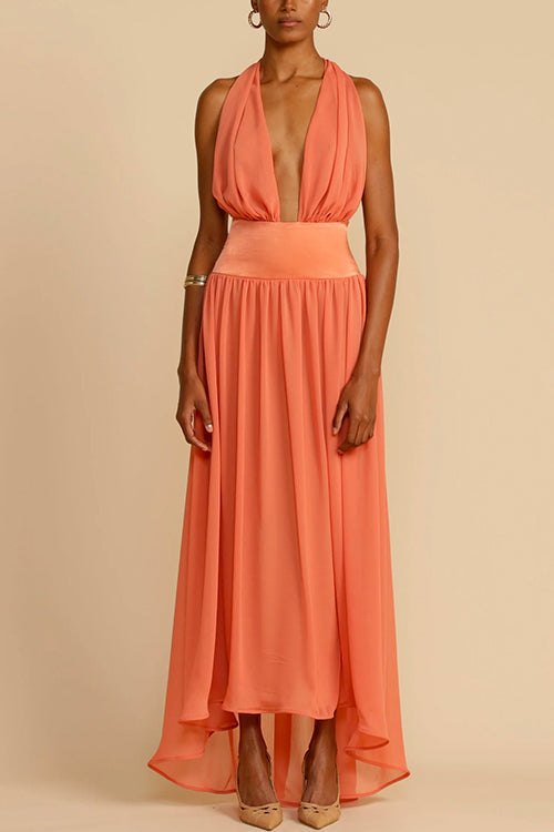 Camilladress Deep V Neck Halter Backless Flowy Maxi Party Dress