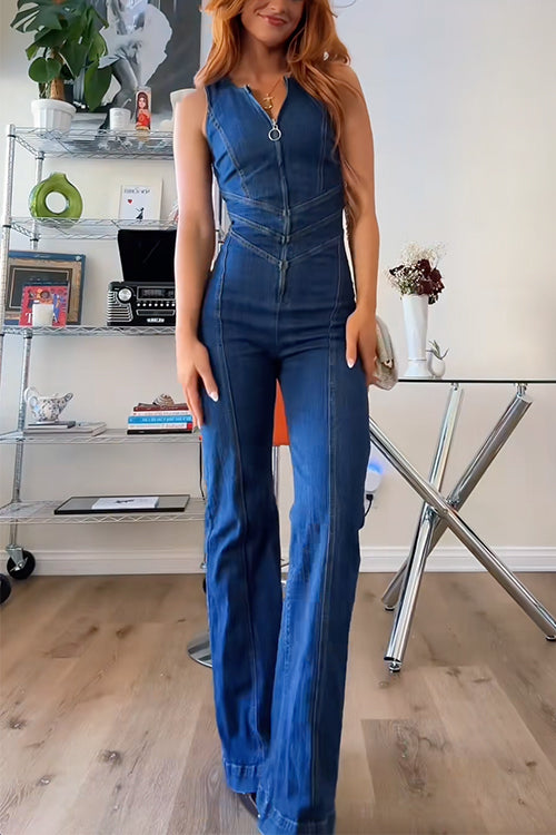 Camilladress Zip Up Sleeveless Heart Back Bell Bottom Denim Jumpsuit