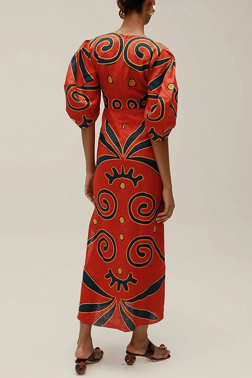 Camilladress Knot Front Cut Out Puff Sleeves Side Slit Printed Midi Dress