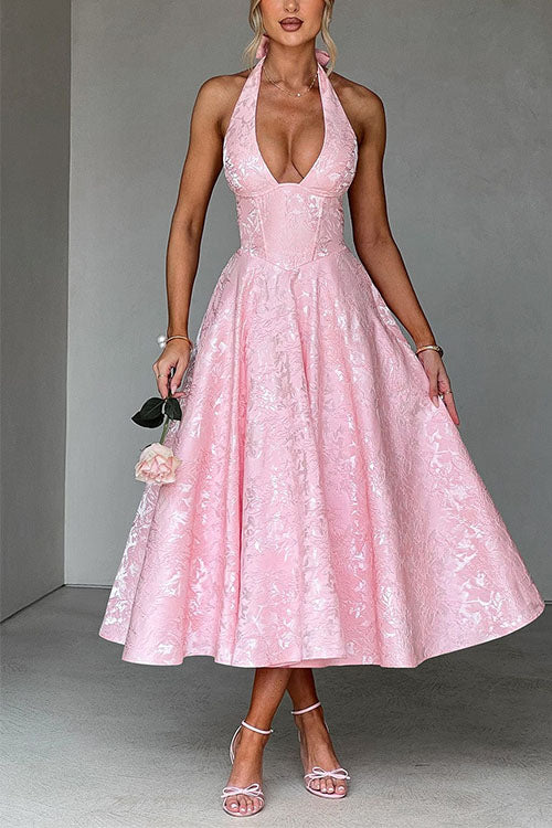Camilladress Halter V Neck Waisted Jacquard Swing Midi Party Dress
