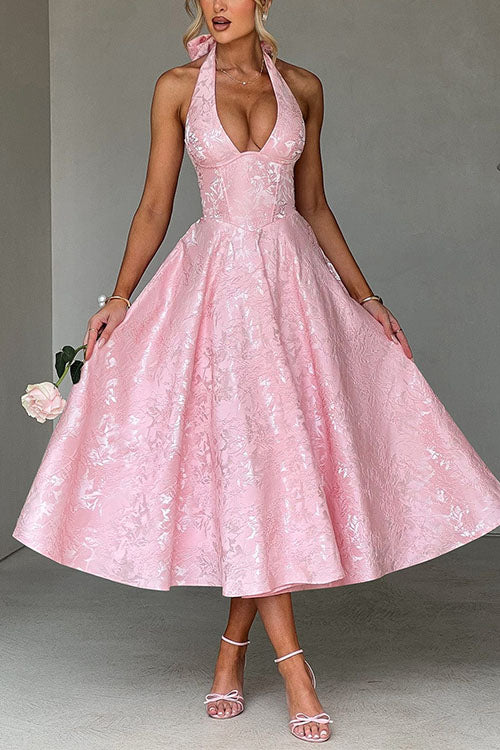 Camilladress Halter V Neck Waisted Jacquard Swing Midi Party Dress
