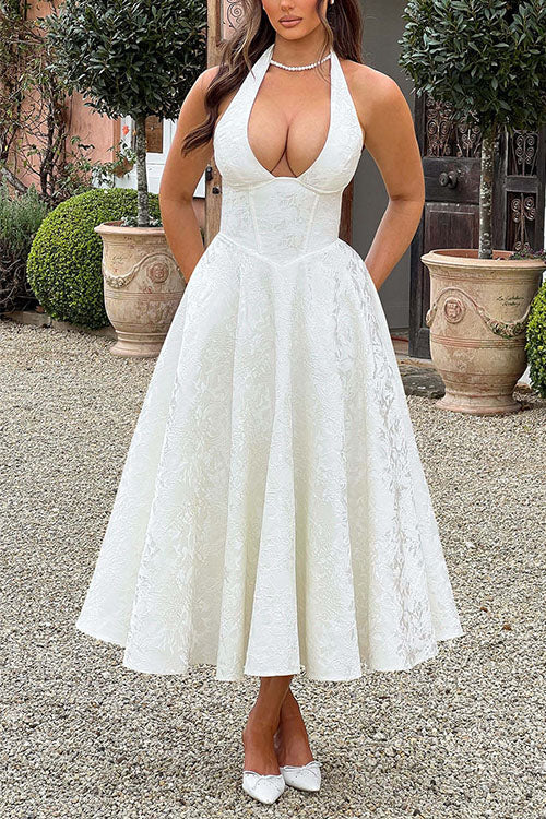 Camilladress Halter V Neck Waisted Jacquard Swing Midi Party Dress